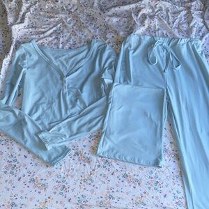 SHEIN Light Blue Women's Henley Workout Set w/ Wide Leg Pants